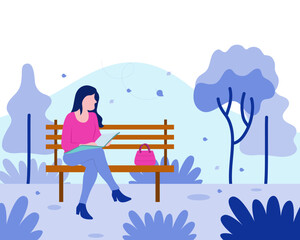 Naklejka premium Young woman in pink shirt holding a book and sitting in the park bench chair alone. 