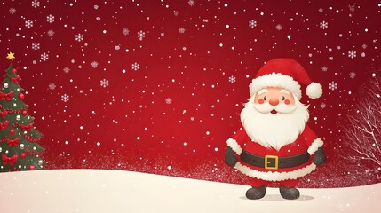 Cheerful Santa Claus Figurine Sitting Amid Snowfall and Decorated Christmas Tree