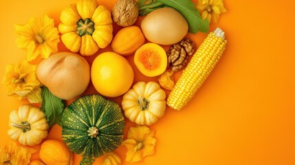 Autumn harvest concept. Top view vertical photo of raw vegetables pumpkins pattypans corn walnuts and physalis on isolated orange background with copyspace