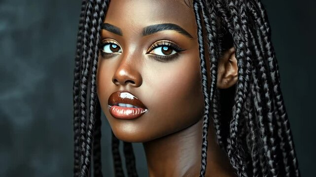 A young woman with long black braids looks intently at the camera