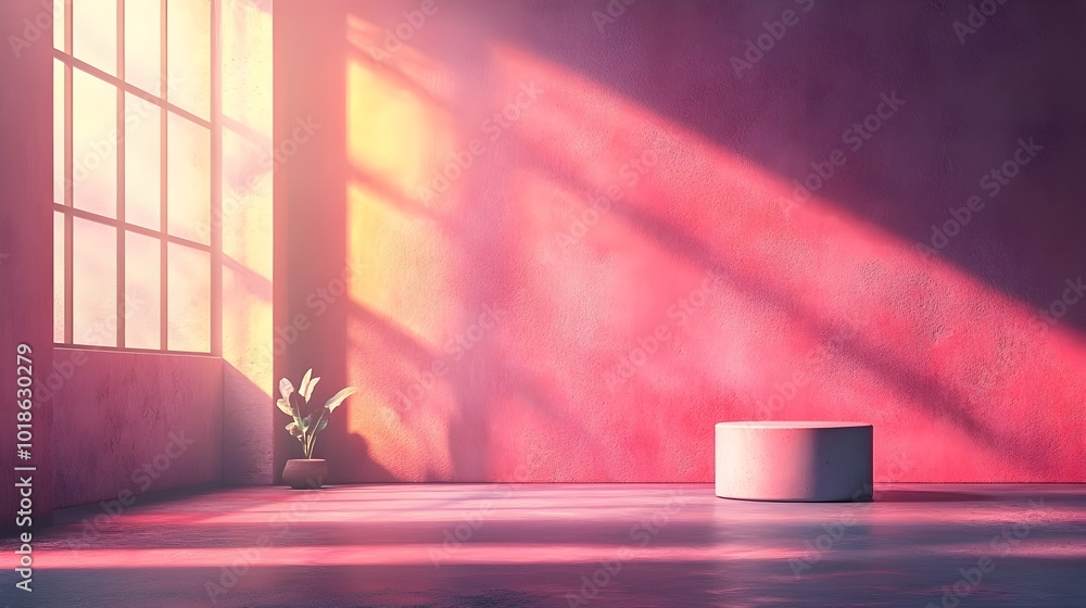 Poster elegant 3d studio room with rich plum backdrop and empty product podium display dramatic studio spot