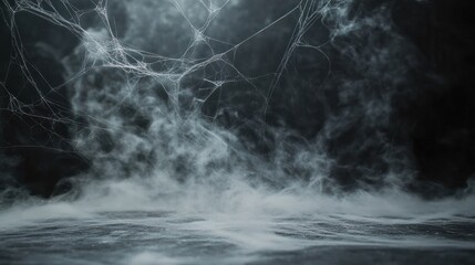 Background of empty space. Dark empty background, concrete, smoke, cobweb. Halloween background
