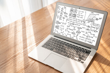 Mathematic equations and modish formula on computer screen showing concept of science and education