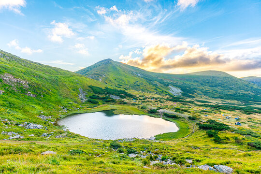 Hoverla, Ukraine - September 01, 2024: Lake Nesamovyte at the foot of Mount Turkul. Chornohora ridge. Ukrainian Carpathians.