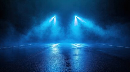 Fototapeta premium Blue dark background of empty foggy street with wet asphalt, illuminated by a searchlight, laser beams, smoke