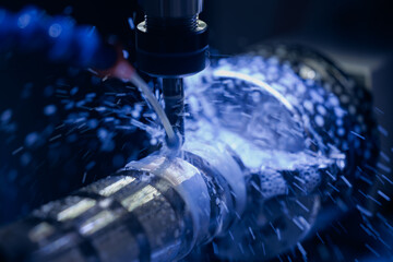 Process working CNC turning cutting milling metal for engine and crankshaft. Concept industry...