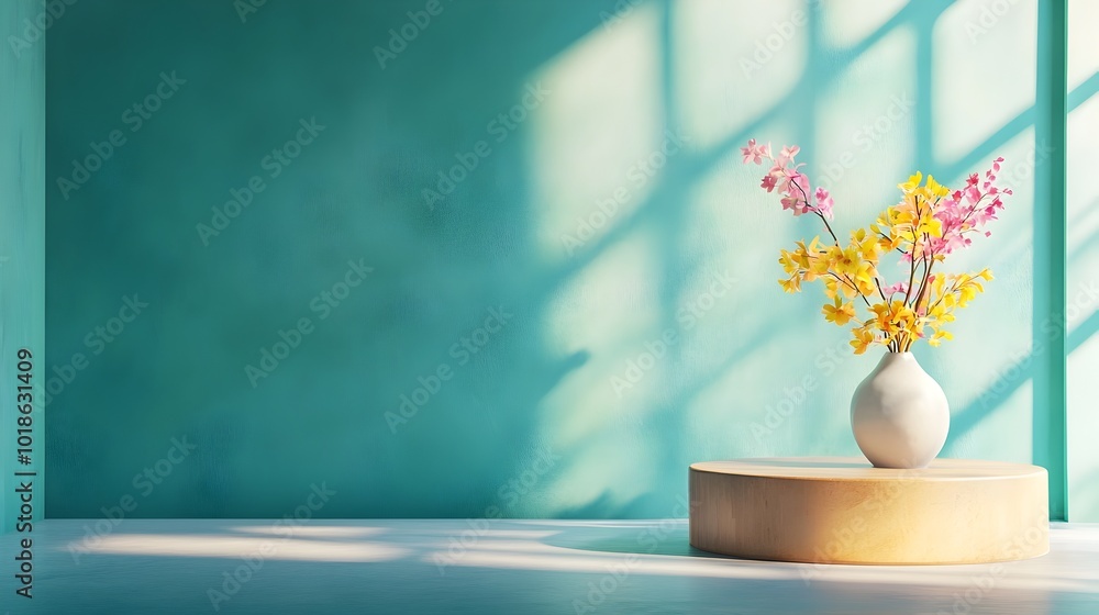 Aufkleber minimalist 3d studio room setting with teal blue green toned background empty concrete or wood floor
