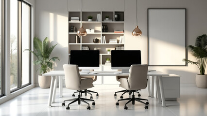 Modern office room interior with coworking space and fashionable furniture. White Mockup frame.