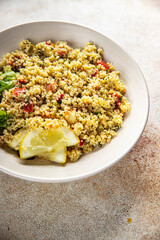 tabbouleh dish bulgur couscous vegetables fresh vegetarian and vegan food gourmet food background on the table rustic food top view copy space