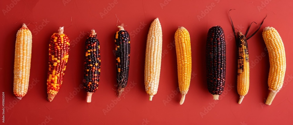 Poster a row of colorful corn cobs arranged on a red surface, showcasing the diversity in colors and patter