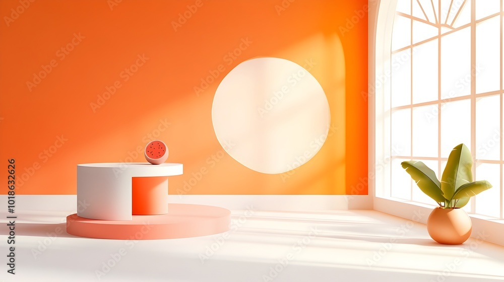 Poster vibrant 3d studio room with melon colored backdrop empty floor and wall product display podium and s