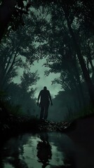 Fototapeta premium Silhouette of a Man Walking Through a Foggy Forest