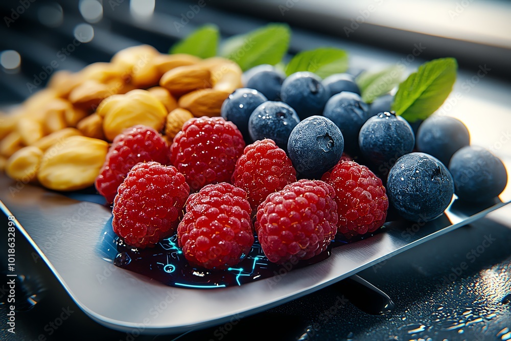 Poster futuristic depiction of a high-tech kitchen where antioxidant-rich foods like berries and nuts are p