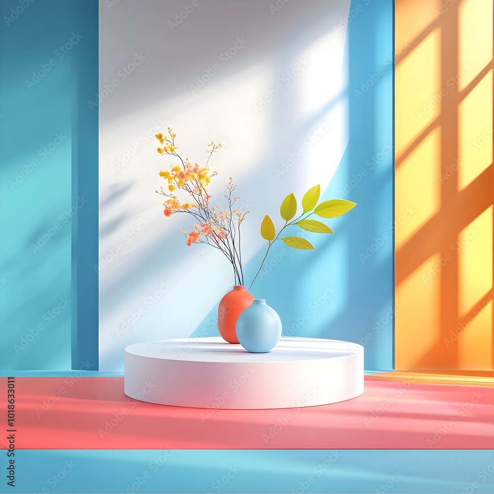 Poster vibrant 3d studio space with a bare white room and abstract color gradient background centered produ
