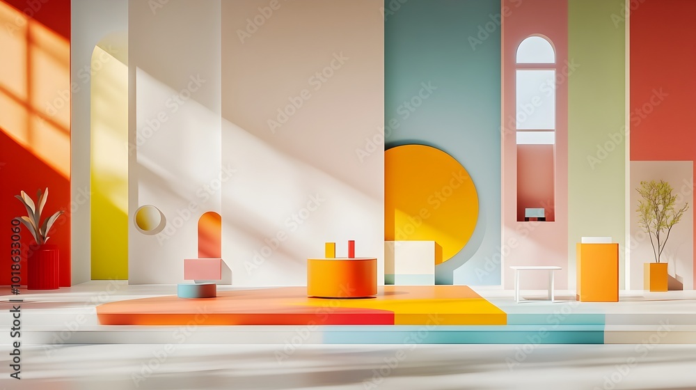 Poster vibrant 3d studio space with multicolored backdrop clean minimalist floor and wall display central p