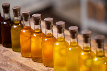 Set craft bottle with oil sunflower, black cumin, flax, cedar, castor, apricot, sesame, milk thistle, camelina, pumpkin seeds