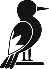 Black silhouette of a woodpecker with a long beak standing on a branch, in simple style for logos or designs