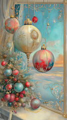 christmas balls on a window. background
