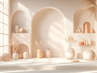 Fototapeta premium Vibrant and clean 3D studio setting with a diverse array of decorative elements and a minimalist floor and wall design providing the perfect stage for a product mockup basking in the soft