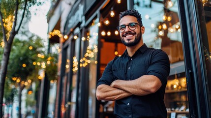 A confident man stands proudly in front of a restaurant, showcasing a warm atmosphere with decorative lights.
