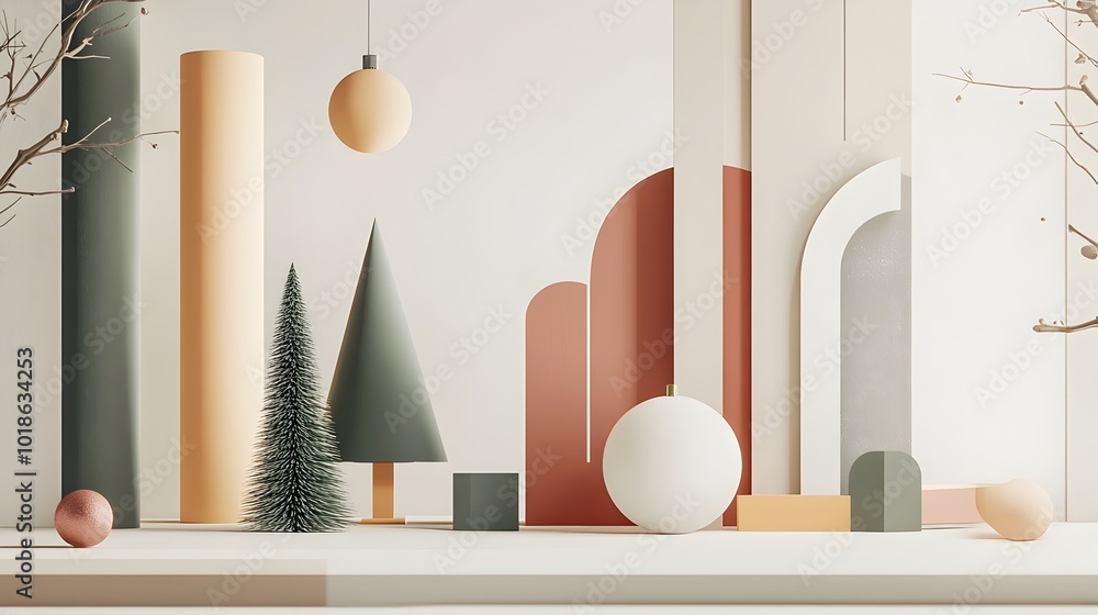 Poster minimalist geometric shapes composition with colorful decorative objects