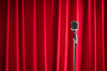 Old microphone on theater stage on red curtains background. Concept stand up, comedian show banner.