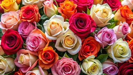 Fototapeta premium Vibrant Bouquet of Multicolored Roses in Full Bloom, Perfect for Romantic and Festive Occasions. Valentine’s Day.
