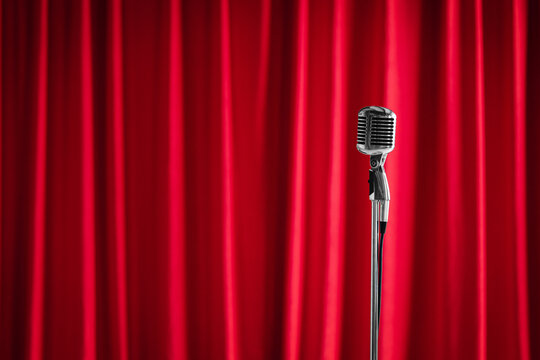Old microphone on theater stage on red curtains background. Concept stand up, comedian show banner.