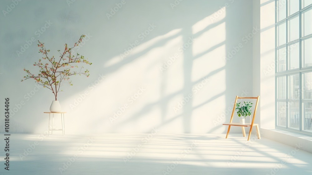 Poster Captivating 3D studio setting featuring a vibrant backdrop bare interior with a product platform and soft shadow cast from a window illuminating the surface