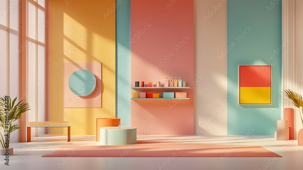Poster enchanting 3d studio room with a vibrant color palette uncluttered floor and wall display and a mini