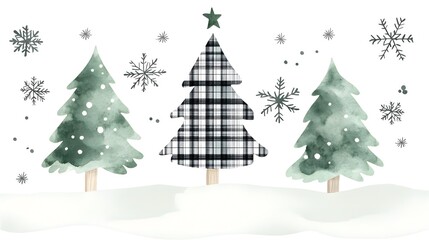 Fototapeta premium Minimalist Winter Landscape with Plaid Christmas Trees and Snowflakes