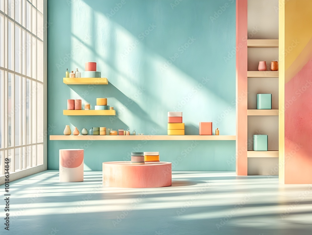 Poster vibrant 3d studio space with a vivid color palette sparse floor and wall design showcasing a central