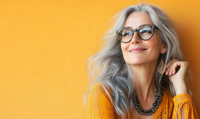 Fototapeta premium Confident and Fashionable Silver-Haired Happy Woman Wearing Glasses, Exuding Modern Style in Front of a Vibrant Yellow Backdrop