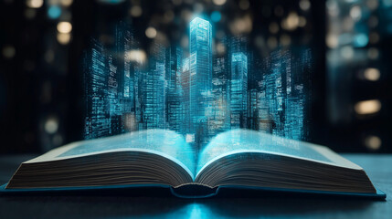 An open book reveals a futuristic cityscape illuminated by neon lights, showcasing vibrant architecture against a dark backdrop