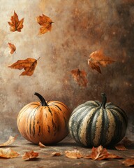 Autumn still life featuring pumpkins on a brown background with falling leaves