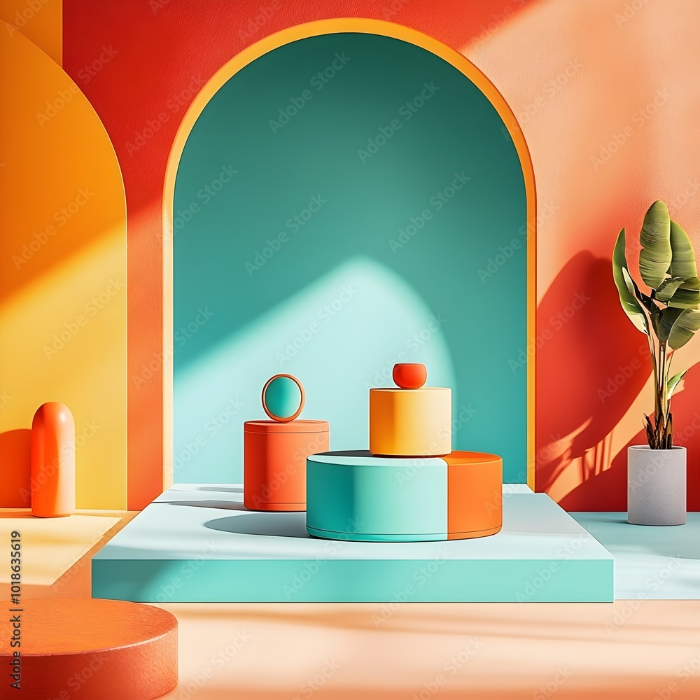 Poster vibrant 3d studio setting featuring a sleek pedestal display against a plain backdrop with gentle wi