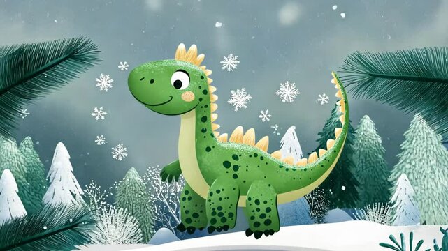 A green dinosaur stands in a snowy forest, surrounded by tall, green trees