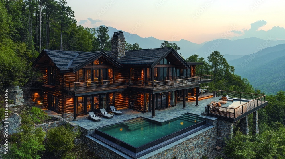Poster a large house with a pool and a mountain in the background