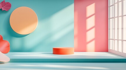 Sophisticated 3D studio environment with vibrant backdrop empty floor and wall display product stand and a shadow gradient from the window illuminating the countertop