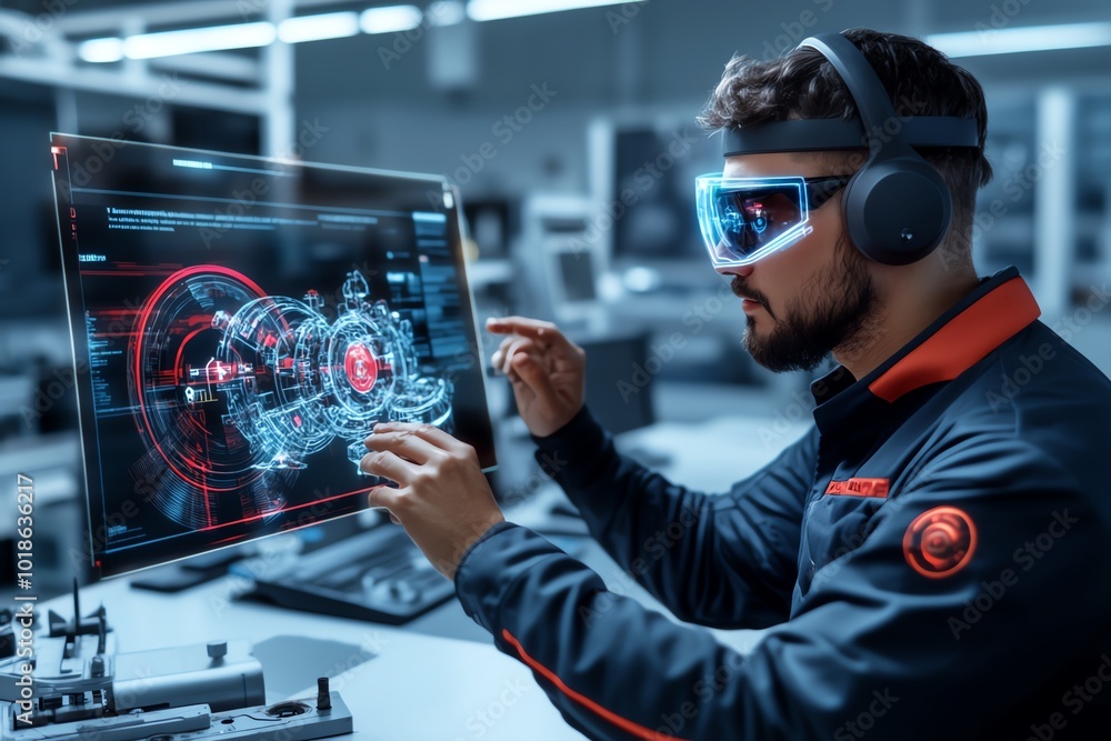 Aufkleber Futuristic depiction of a reverse engineering lab where engineers use holographic displays to analyze and recreate complex mechanical devices