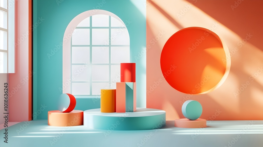 Poster mesmerizing minimalist 3d studio setting boasting a kaleidoscope of hues uncluttered interior with a
