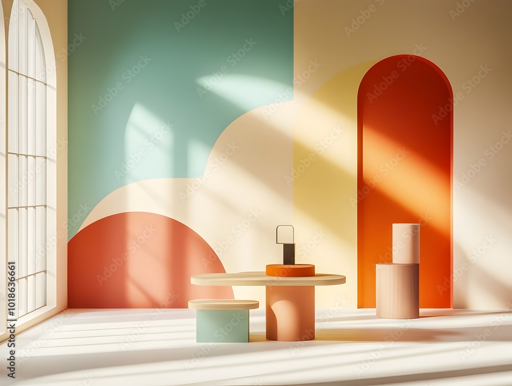 Poster vibrant and modern 3d studio space featuring a diverse array of colors a minimalist floor and wall s