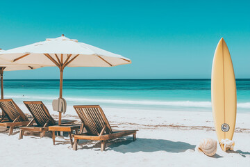 Beach chairs on the sand of a beach in the Caribbean. Vacation