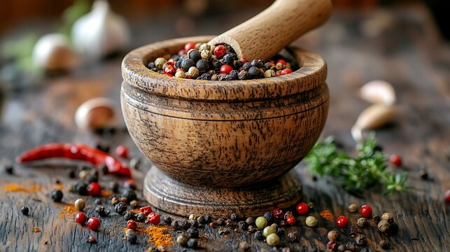  A rustic scene featuring a wooden mortar filled with a mixture of whole spices like cumin seeds, coriander seeds, and black peppercorns, with some spices scattered around on a weathered wooden table.