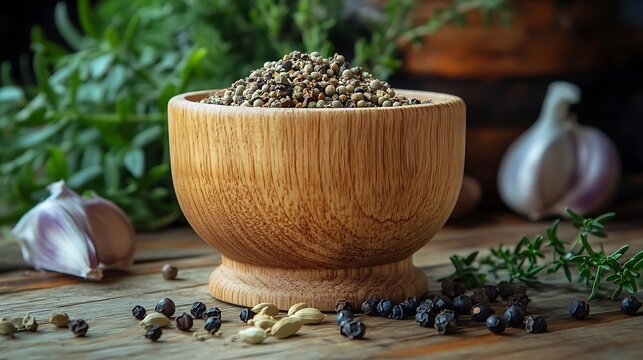  A rustic scene featuring a wooden mortar filled with a mixture of whole spices like cumin seeds, coriander seeds, and black peppercorns, with some spices scattered around on a weathered wooden table.