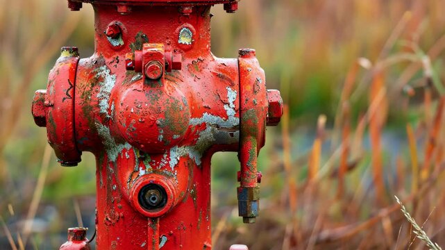 A red fire hydrant stands in a field of tall grass, its paint chipped and worn