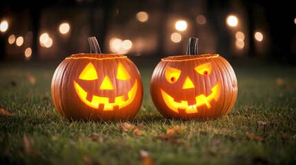 Obraz premium Two glowing jack-o'-lanterns sit on green grass, creating a spooky Halloween vibe with soft bokeh lights in the background.