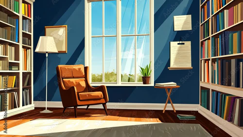 Poster a comfortable armchair sits near a window with a view of trees in a sunlit library
