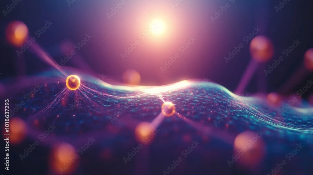Poster visual representation of quantum entanglement illustrating interconnected particles within a cosmic 