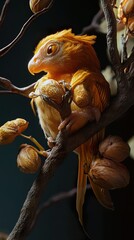 Golden Bird Perched on Branch - Fantasy Creature Illustration